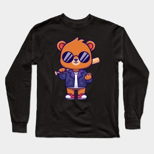 Cute Bear With Baseball Bat Cartoon Long Sleeve T-Shirt